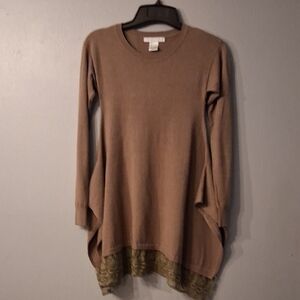 Brown Long Sleeve Tunic with Lace Hem
